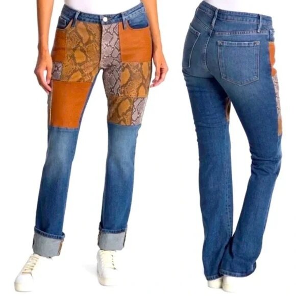 NWT FRAME Women Size 23 Le Mini Boot Patchwork Snake Skin Print Jeans in Kenmore - Picture 1 of 9